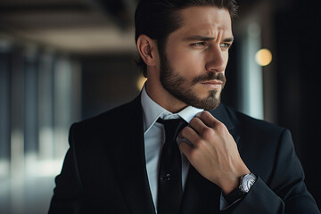 Generative AI illustration of young confident elegant man in suit