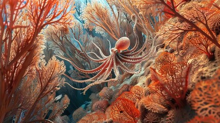   An octopus painting amidst colorful coral reefs