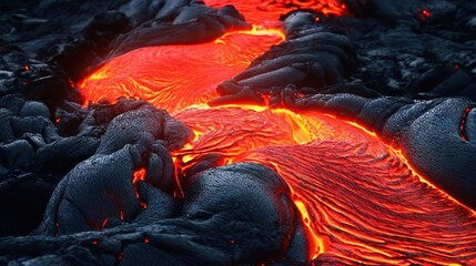 Vivid capture of flowing lava in darkness highlighting textures and heat