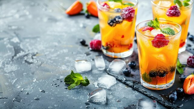 Refreshing summer fruit drinks with berries, mint, and ice on dark wet surface