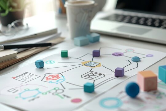 flowchart mapping out business process and strategy at desk near coffee cup and computer