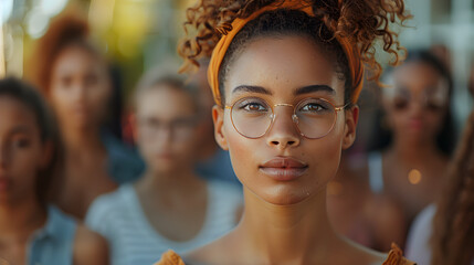 portrait of woman with glasses standing with a crowd 