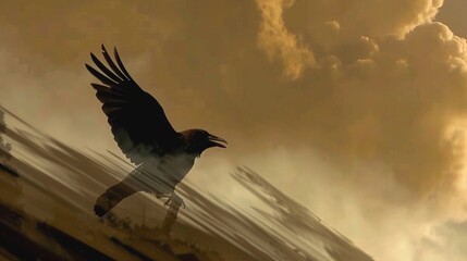   A bird soaring against a cloudy backdrop while another perches on the ground in the foreground - Powered by Adobe