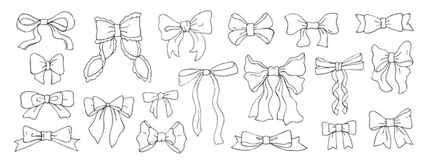 Set of various bow knots, tie ups, gift ribbons. Hand Bow knots, tie ups, gift ribbons. Gift bows, doodle style. Festive decoration, invitation elements, packaging for sale shopping, wedding design
