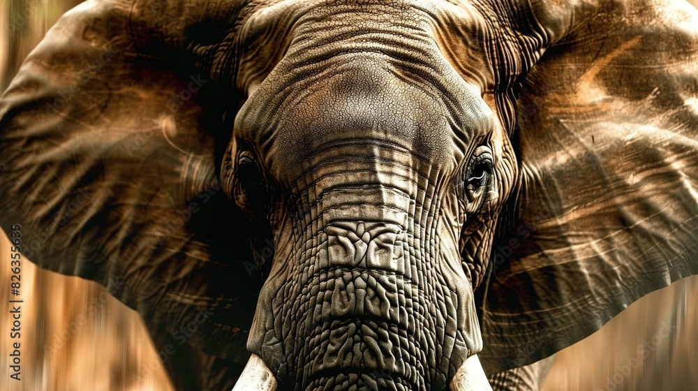 Aufkleber a sharp image of an elephant's face surrounded by blurred trees and green vegetation