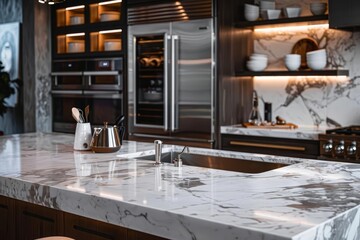 A marble kitchen counter with a backdrop of a highend