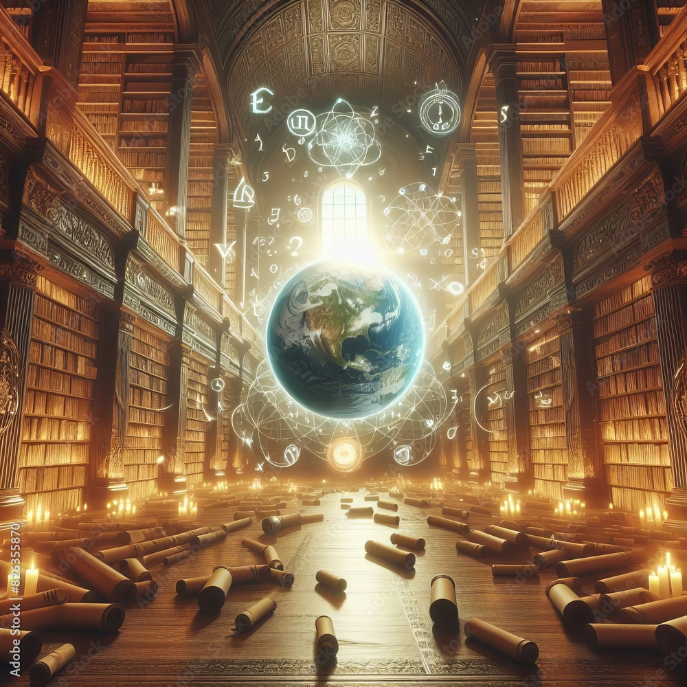 Aufkleber a mystical library with a glowing earth at the center, surrounded by astrological symbols and ancien