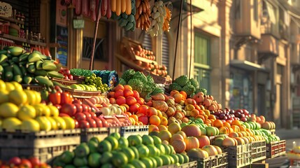 stand de vendeur de fruits et lÃ©gumes sur un marchÃ© - fond 
