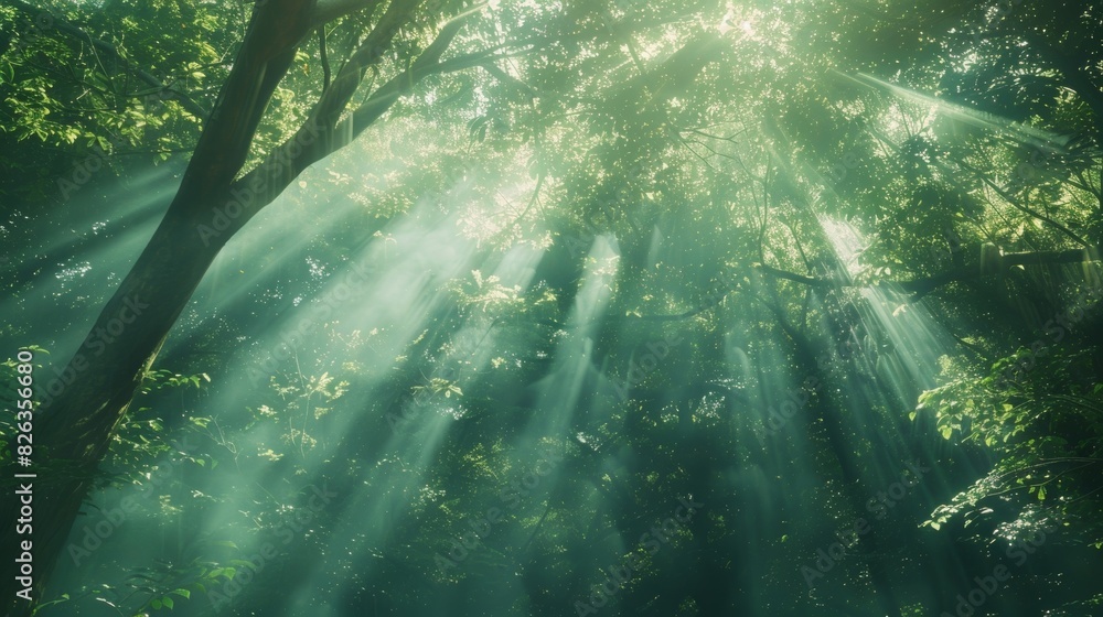 Poster rays of sunlight burst through a dense forest creating a magical and ethereal atmosphere that feels 