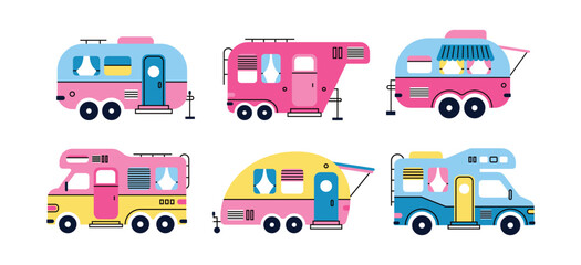 Set of colorful cartoon campers RV. Road home Trailers. Camping caravan cars. Mobile home for country and nature vacation. Set of four Hand drawn Vector illustrations