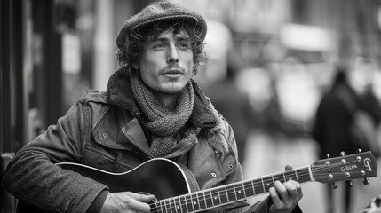 A candid street shot of a musician playing guitar, with passersby stopping to listen, creating a...