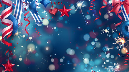 A blue background with red, white and blue streamers and a red star