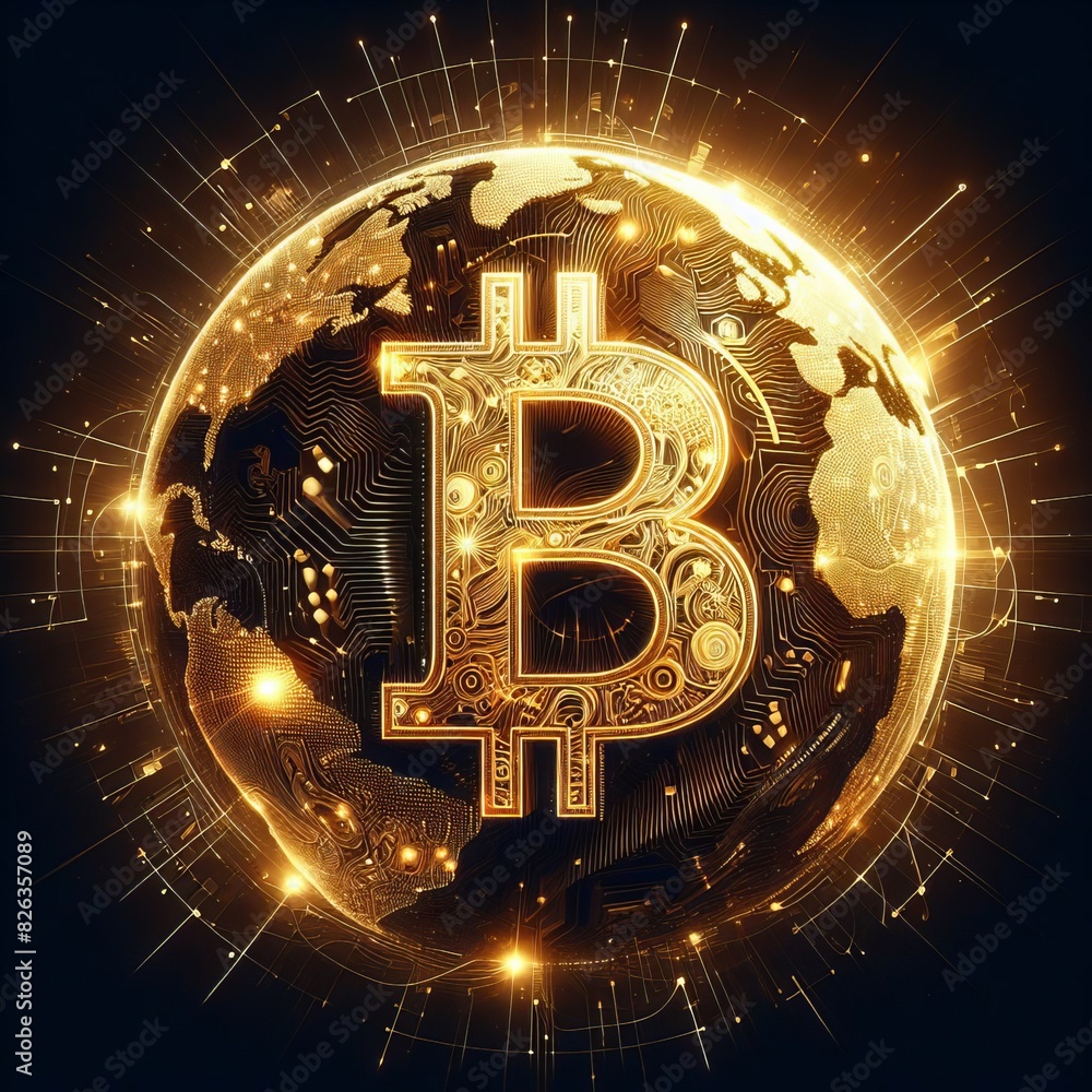 Poster a glowing representation of a bitcoin overlaid on a detailed digital world map, symbolizing global c