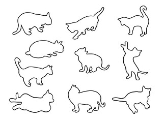 Line art, doodle,line background of Cat cartoon isolate on white background. Concept card ,put color , cute texture, fabric. Copy space for your text.