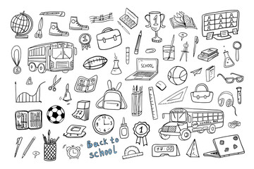 Large set of school icons. Back to school. Doodle style. Good for textile fabric design, wrapping paper, banner, posters, cards, stickers, professional design and website wallpapers. Hand drawn