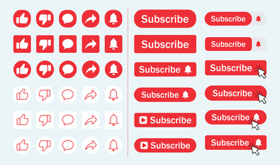 Red subscribe button icons with ring symbol. Subscribe to channel for blogging, streaming, broadcasting. Template for social media.