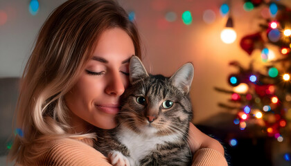 Woman Embracing Pet Cat at Home, real people authenticity, Generative AI.