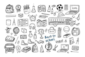 Large cute set of school icons. Back to school. Doodle style. Good for textile fabric design, wrapping paper, banner, posters, cards, stickers, professional design and website wallpapers.
