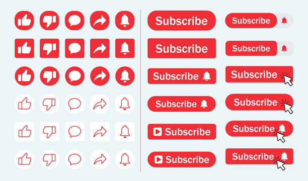 Red subscribe button icons with ring symbol. Subscribe to channel for blogging, streaming, broadcasting. Template for social media.