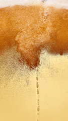 Poster. Macro shot of beer tap pouring golden beer into tilted glass. Glass perspiring with...