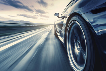 A sports car accelerating on a highway, captured from a low angle towards the front, with the car sharp and the road and landscape blurred to show speed.