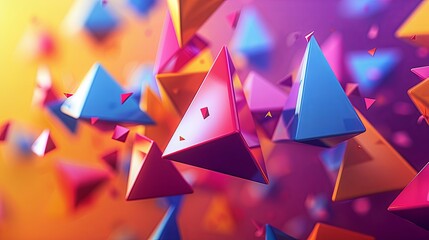 3D abstract scene with floating, interlocking triangles and vibrant colors