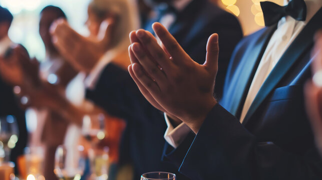Well-dressed individuals applauding at a sophisticated evening event or formal gathering