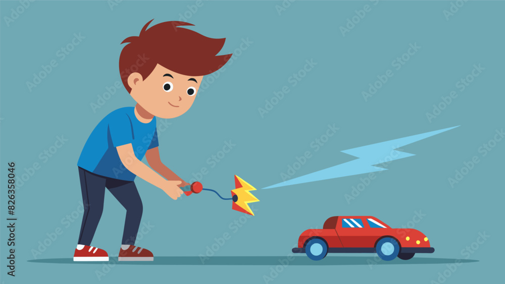 Poster a young boy carefully navigating a remotecontrolled car impressed by its lightningfast speed and pre