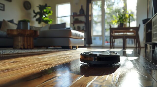 Shot of a black roomba traveling across a wooden floor of a large living room area
