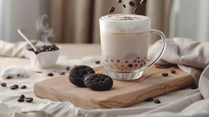   Wooden board with a cup of cappuccino and cookies surrounded by coffee beans - Powered by Adobe