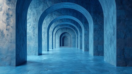 Abstraction, futuristic background, concrete arch. Night view of the tunnel, portal. Staircase up.
