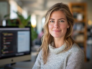 A Web Developer female wearing casual, standing in front of a computer screen displaying a website or coding environment, smiling