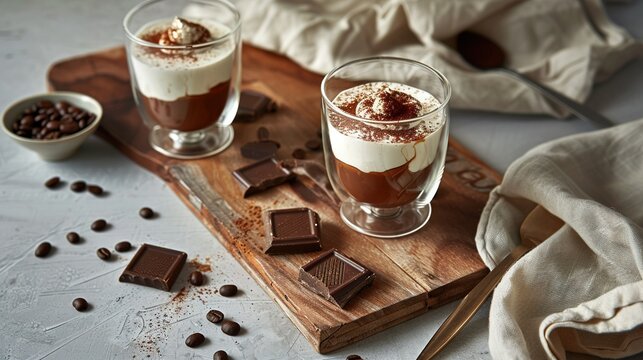   A perfectly polished wooden board hosts two chilled glasses brimming with creamy delight, accompanied by a smattering of scrumptious chocolate treats
