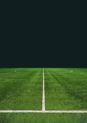 green textured soccer game field  - center, midfield. Poster.