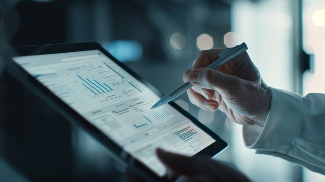 A financial advisor uses a digital tablet with advanced financial software to analyze documents.