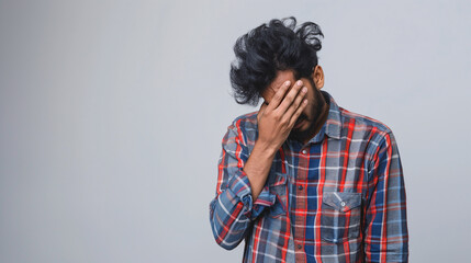 Young Man in Red Plaid Shirt Covering Face with Hand in Frustration