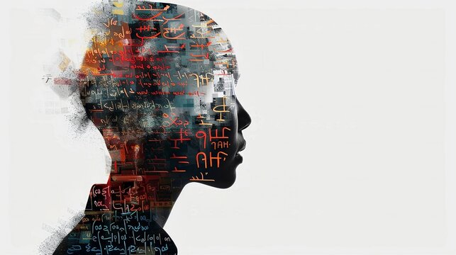 A head silhouette filled with various language scripts, emphasizing multilingual translation skills, double exposure, high clarity