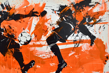 A soccer player is kicking a ball in a painting