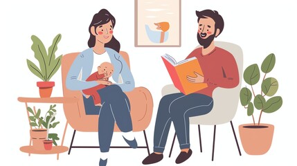 A young couple is sitting in a living room, reading a book to their baby.