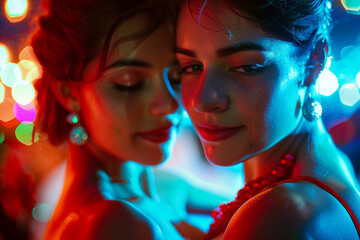 Obraz premium Generative AI illustration of happy people young couple enjoy weekend party in club