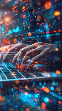 Analyst's hands typing on a keyboard, data projections overlay, double exposure, precision work