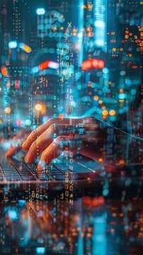 Analyst's hands typing on a keyboard, data projections overlay, double exposure, precision work
