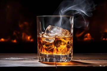 Glass of whiskey with ice on a wooden table. Cognac, brandy. Dark background.