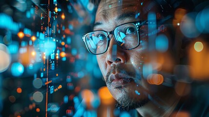 Close-up double exposure of a statistician with a background of computer screens showing complex data sets and research findings