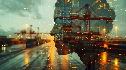 Close-up double exposure of a statistician with a background of computer screens showing complex data sets and research findings