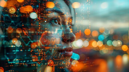 Close-up double exposure of a statistician with a background of computer screens showing complex data sets and research findings