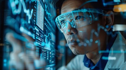 Close-up double exposure of a statistician with a background of computer screens showing complex data sets and research findings