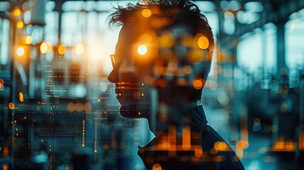 Close-up double exposure of a statistician with a background of computer screens showing complex data sets and research findings