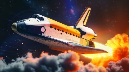 A space shuttle launching with an explosion on the ground, scifi style, bright colors, high detail