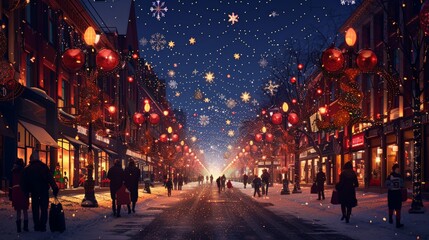 Festive Street Lights: Illustrate a city street decorated with festive lights and ornaments, with people strolling and enjoying the holiday atmosphere, highlighting community and celebration.